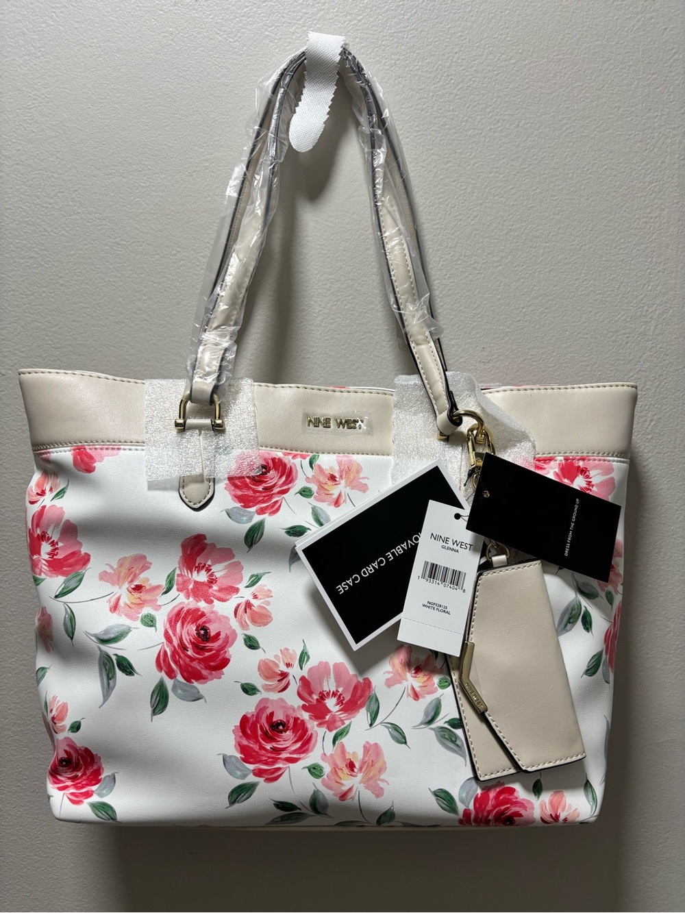 Nine West White Floral Tote Purse Bag Pink Roses Attached Keyring Card Holder